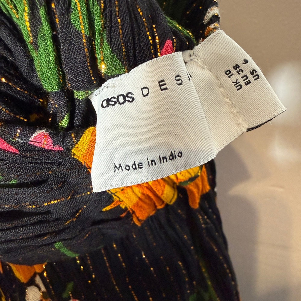 ASOS DESIGN Floral Halter Maxi Dress Black Gold Metallic Shimmer Open Back US 6 - Picture 3 of 10